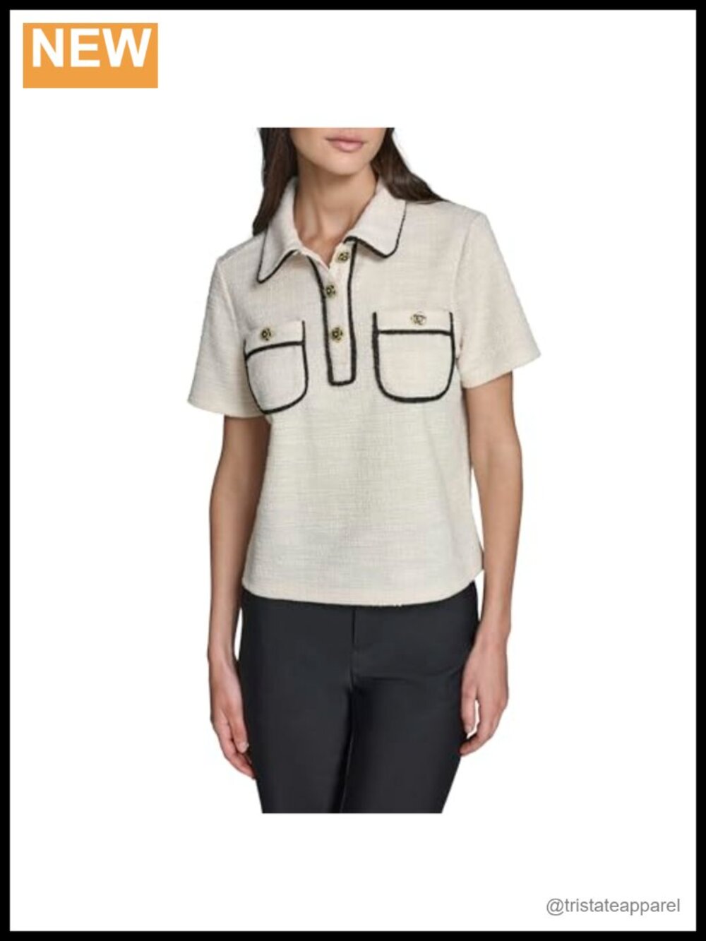 Karl Lagerfeld Women's Short Sleeve Collared Lurex Tweed Top